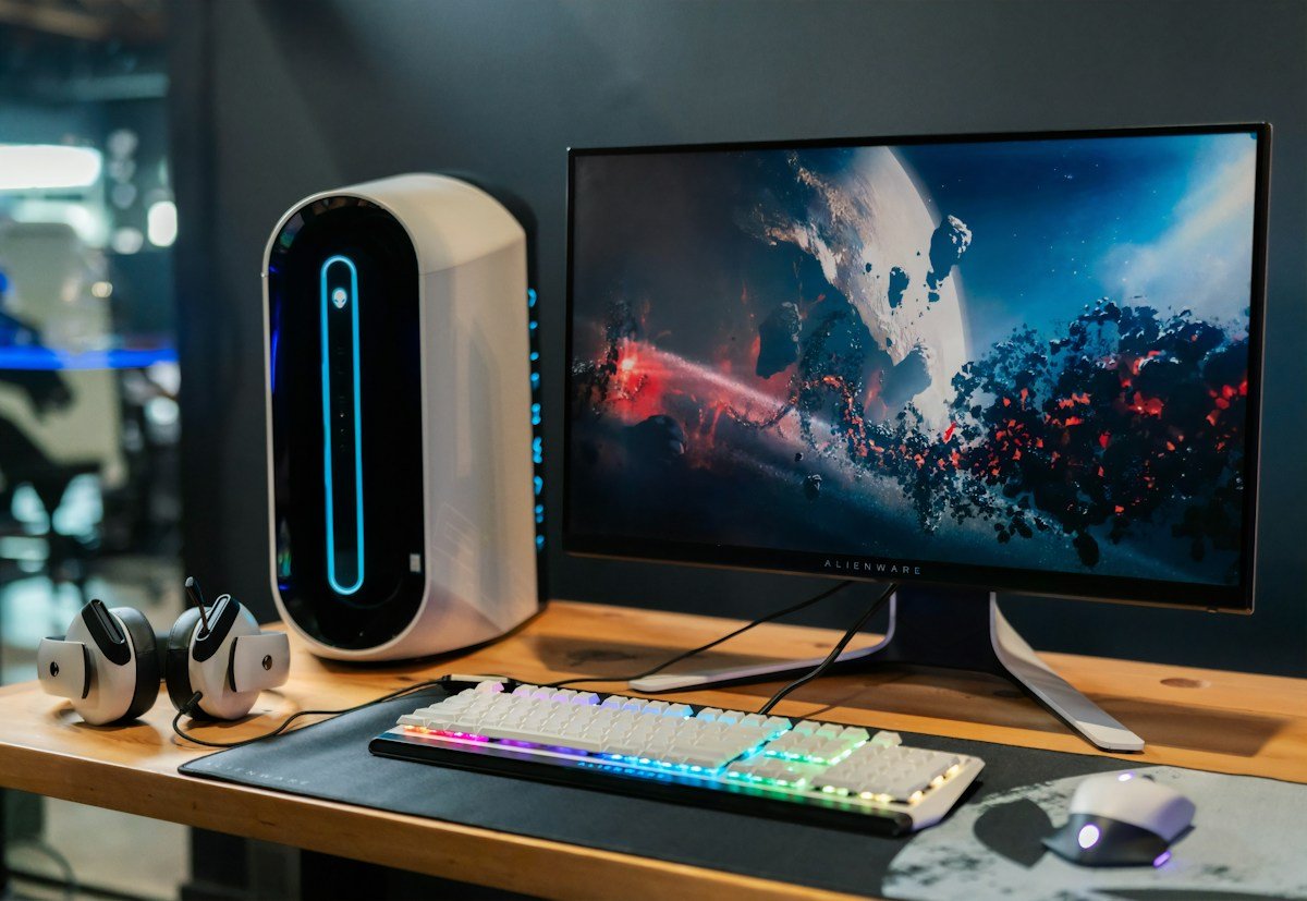 Compact desktop computer on a wooden desk beside a curved monitor and RGB keyboard