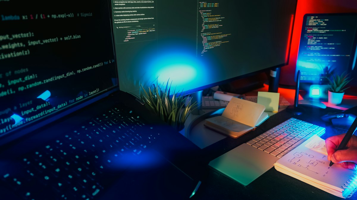 Illustrative stock photo of a coding workspace with multiple screens