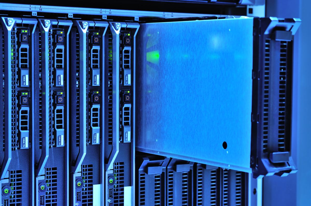 Illustrative stock photo of illuminated server rack components